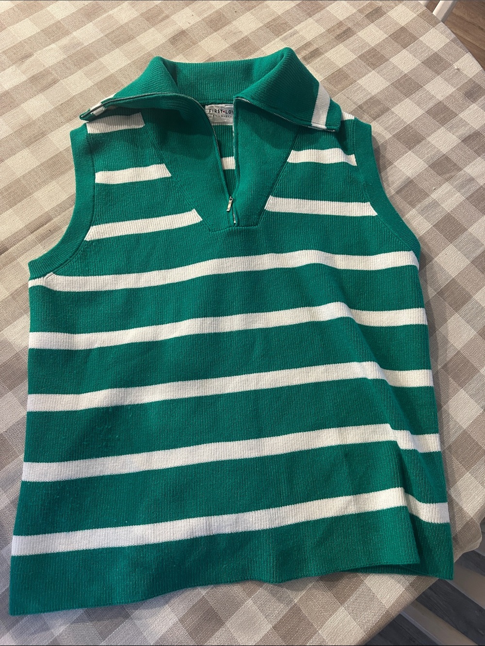 First Love Green & White Striped Sleeveless Zip Polo Top